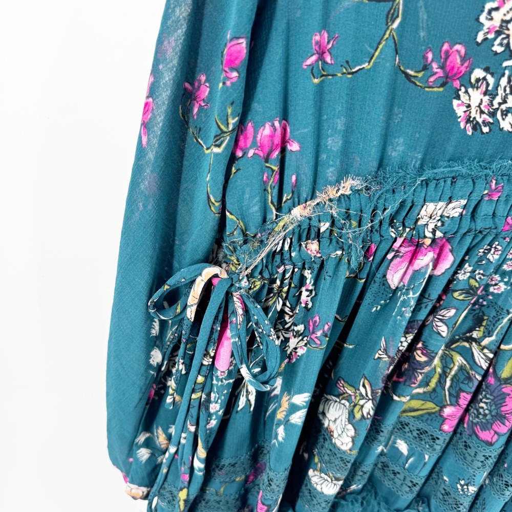 Free People Teal Floral V-Neck Mini Dress OB1235281 Long Sleeve Boho XS - Picture 3 of 9